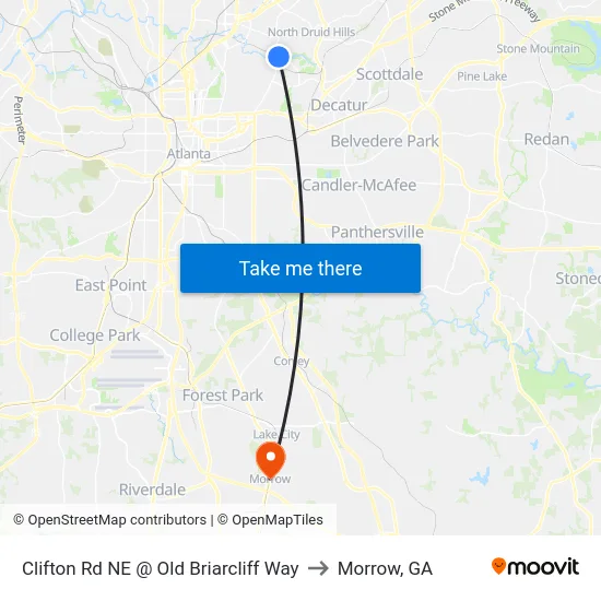 Clifton Rd NE @ Old Briarcliff Way to Morrow, GA map