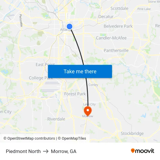 Piedmont North to Morrow, GA map