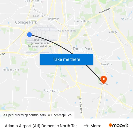 Atlanta Airport (Atl) Domestic North Terminal Dropoffs to Morrow, GA map