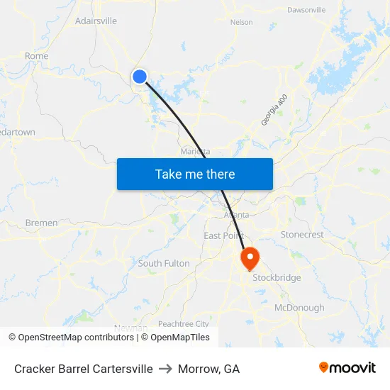 Cracker Barrel Cartersville to Morrow, GA map