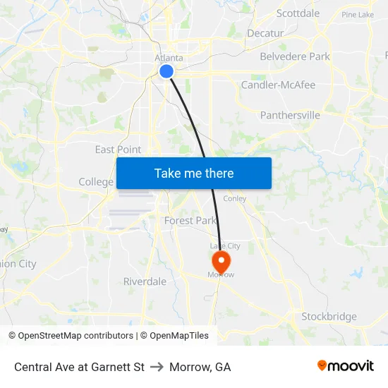 Central Ave at Garnett St to Morrow, GA map