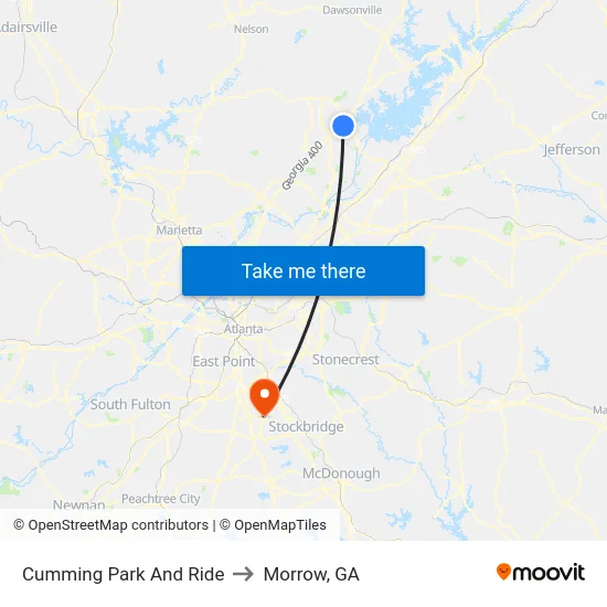 Cumming Park And Ride to Morrow, GA map