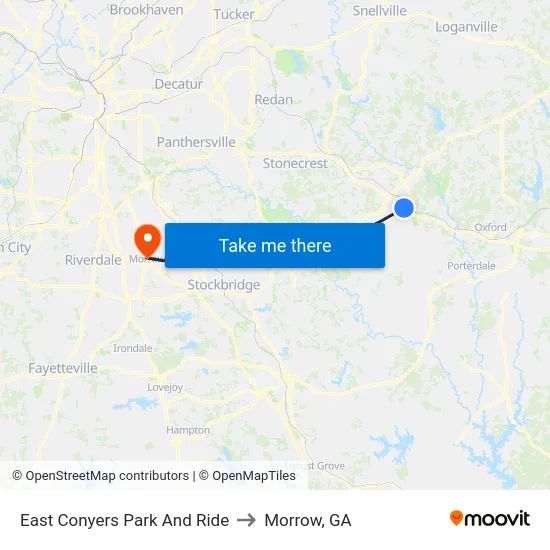 East Conyers Park And Ride to Morrow, GA map