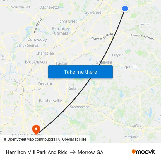 Hamilton Mill Park And Ride to Morrow, GA map