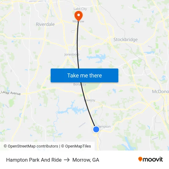 Hampton Park And Ride to Morrow, GA map