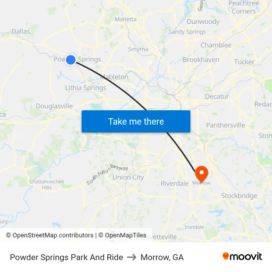 Powder Springs Park And Ride to Morrow, GA map