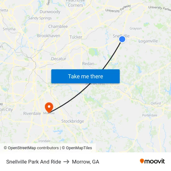 Snellville Park And Ride to Morrow, GA map