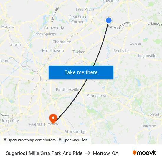 Sugarloaf Mills Grta Park And Ride to Morrow, GA map