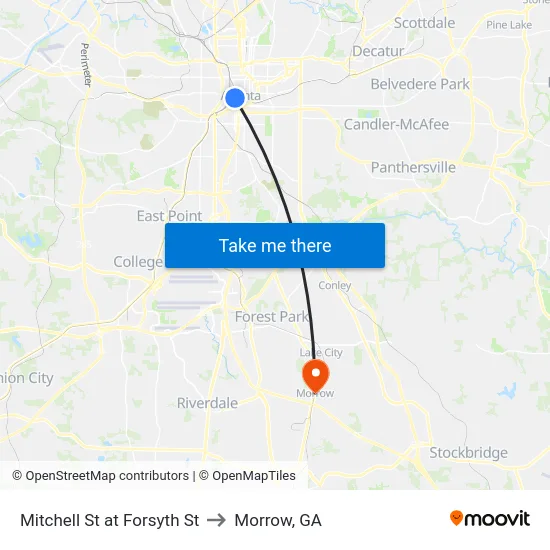 Mitchell St at Forsyth St to Morrow, GA map