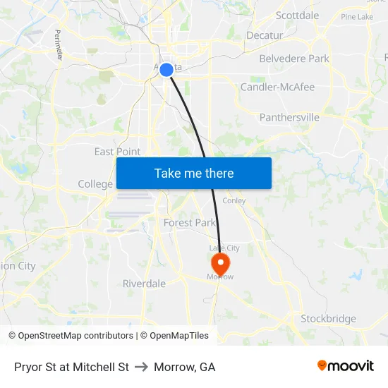Pryor St at Mitchell St to Morrow, GA map