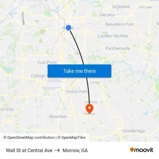 Wall St at Central Ave to Morrow, GA map