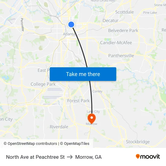 North Ave at Peachtree St to Morrow, GA map