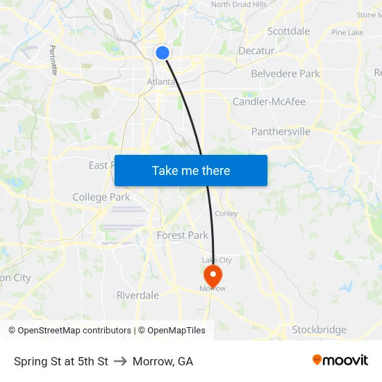 Spring St at 5th St to Morrow, GA map