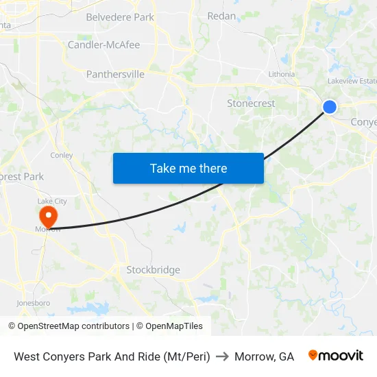 West Conyers Park And Ride (Mt/Peri) to Morrow, GA map