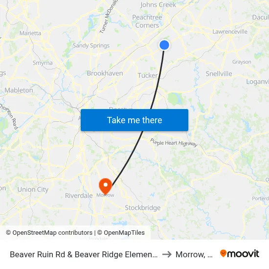 Beaver Ruin Rd & Beaver Ridge Elementary to Morrow, GA map
