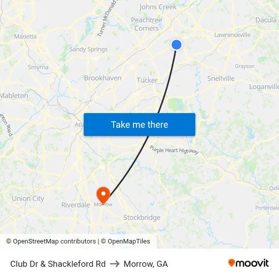 Club Dr & Shackleford Rd to Morrow, GA map
