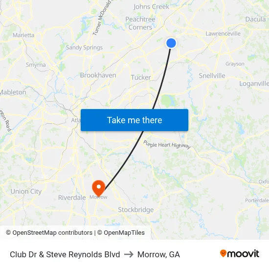 Club Dr & Steve Reynolds Blvd to Morrow, GA map