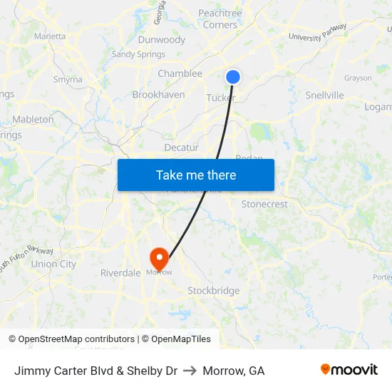Jimmy Carter Blvd & Shelby Dr to Morrow, GA map
