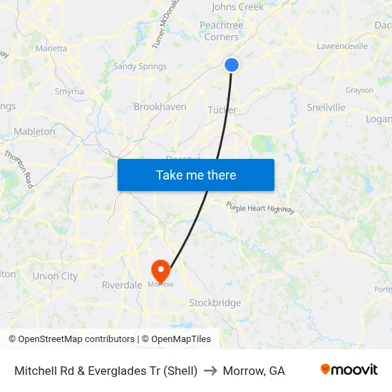 Mitchell Rd & Everglades Tr (Shell) to Morrow, GA map