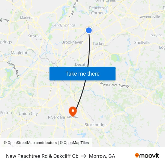 New Peachtree Rd & Oakcliff Ob to Morrow, GA map