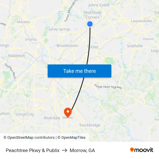 Peachtree Pkwy & Publix to Morrow, GA map