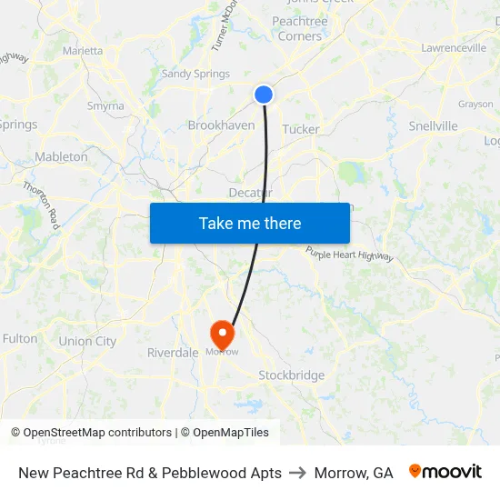 New Peachtree Rd & Pebblewood Apts to Morrow, GA map