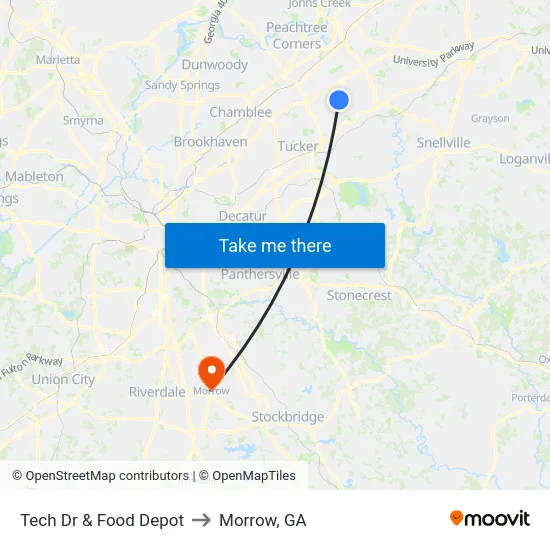 Tech Dr & Food Depot to Morrow, GA map