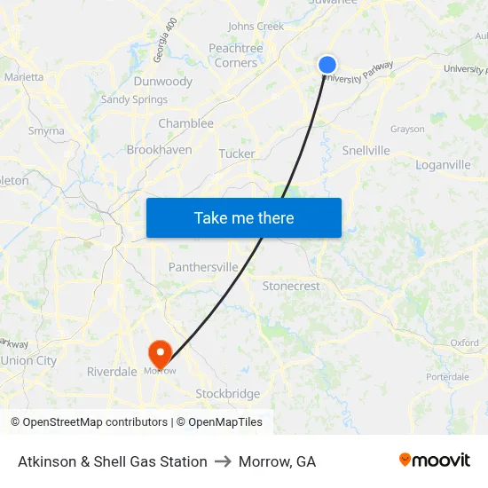 Atkinson & Shell Gas Station to Morrow, GA map