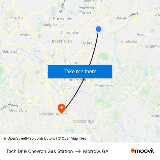 Tech Dr & Chevron Gas Station to Morrow, GA map
