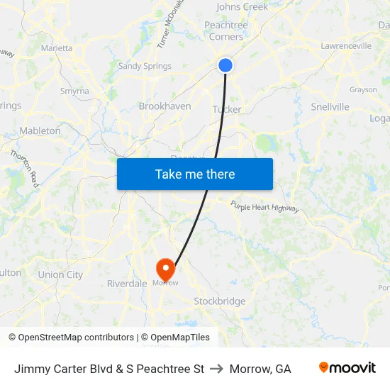 Jimmy Carter Blvd & S Peachtree St to Morrow, GA map