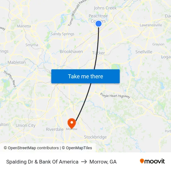 Spalding Dr & Bank Of America to Morrow, GA map
