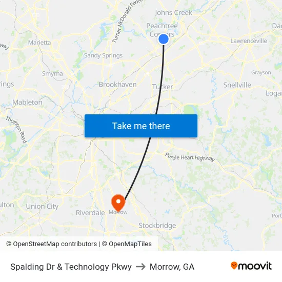 Spalding Dr & Technology Pkwy to Morrow, GA map