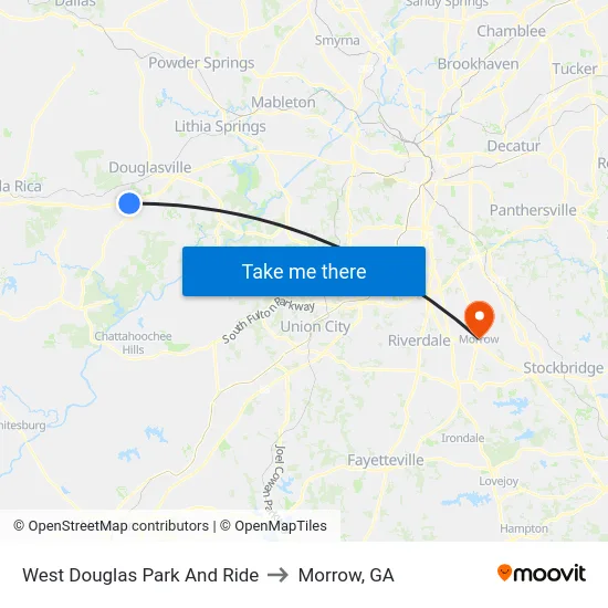 West Douglas Park And Ride to Morrow, GA map