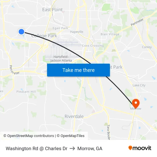Washington Rd @ Charles Dr to Morrow, GA map