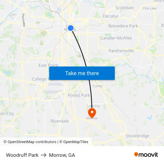 Woodruff Park to Morrow, GA map