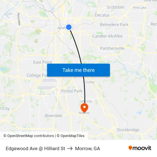 Edgewood Ave @ Hilliard St to Morrow, GA map