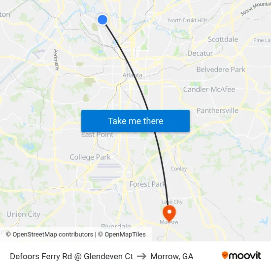 Defoors Ferry Rd @ Glendeven Ct to Morrow, GA map