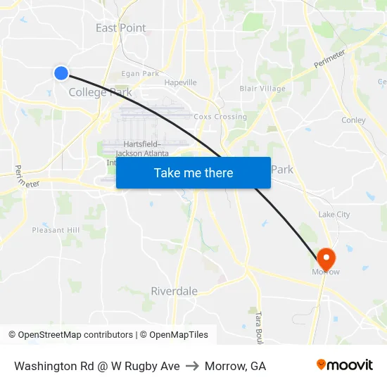Washington Rd @ W Rugby Ave to Morrow, GA map