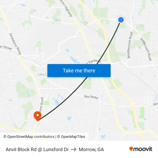 Anvil Block Rd @ Lunsford Dr to Morrow, GA map