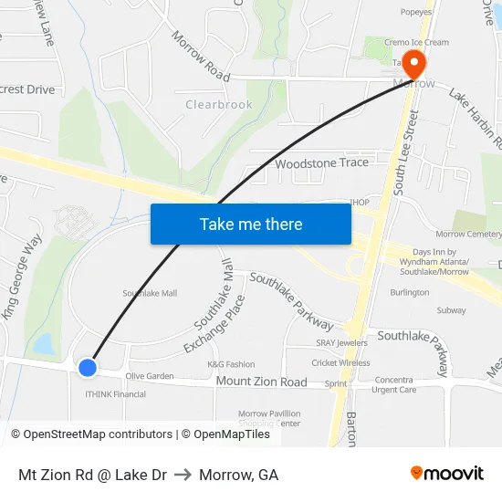 Mt Zion Rd @ Lake Dr to Morrow, GA map