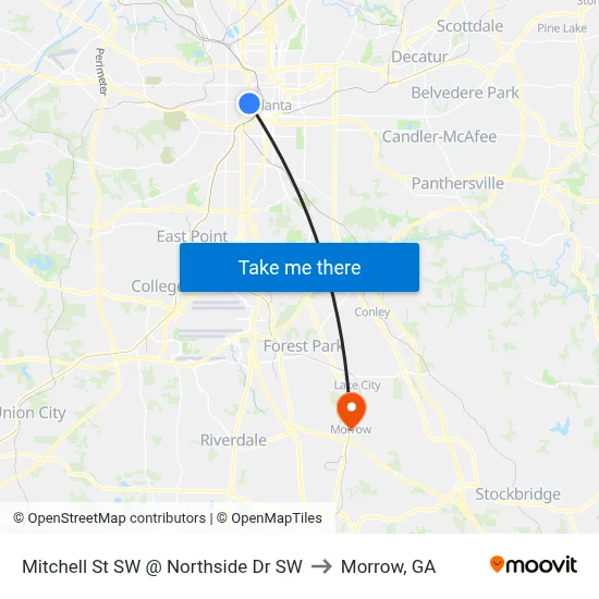 Mitchell St SW @ Northside Dr SW to Morrow, GA map