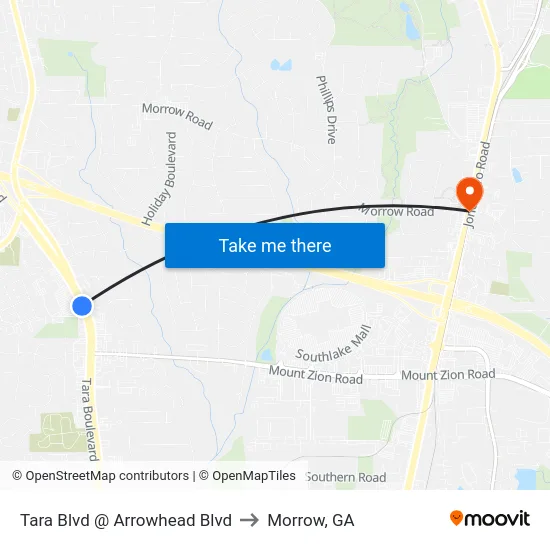 Tara Blvd @ Arrowhead Blvd to Morrow, GA map