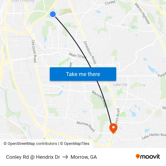 Conley Rd @ Hendrix Dr to Morrow, GA map
