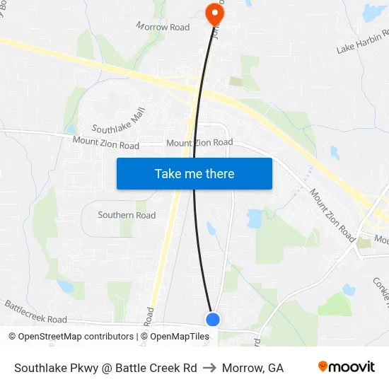 Southlake Pkwy @ Battle Creek Rd to Morrow, GA map
