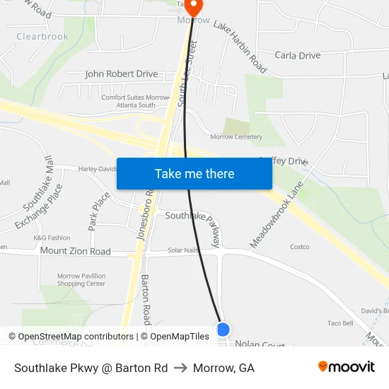 Southlake Pkwy @ Barton Rd to Morrow, GA map