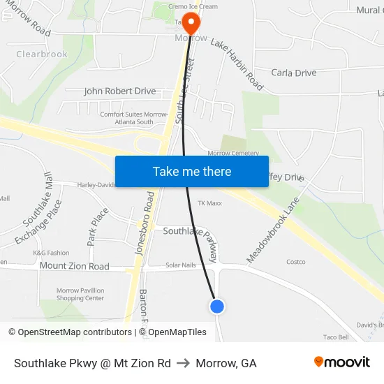 Southlake Pkwy @ Mt Zion Rd to Morrow, GA map