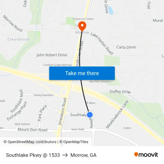 Southlake Pkwy @ 1533 to Morrow, GA map