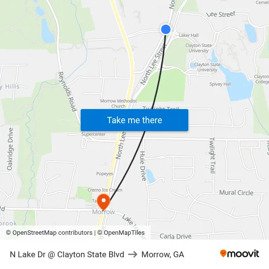 N Lake Dr @ Clayton State Blvd to Morrow, GA map