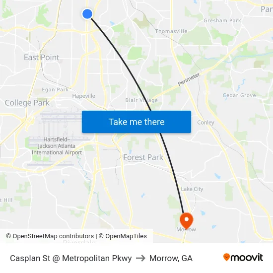 Casplan St @ Metropolitan Pkwy to Morrow, GA map