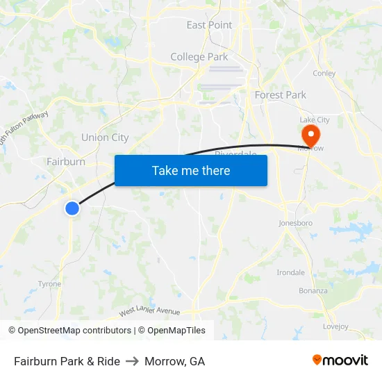 Fairburn Park & Ride to Morrow, GA map